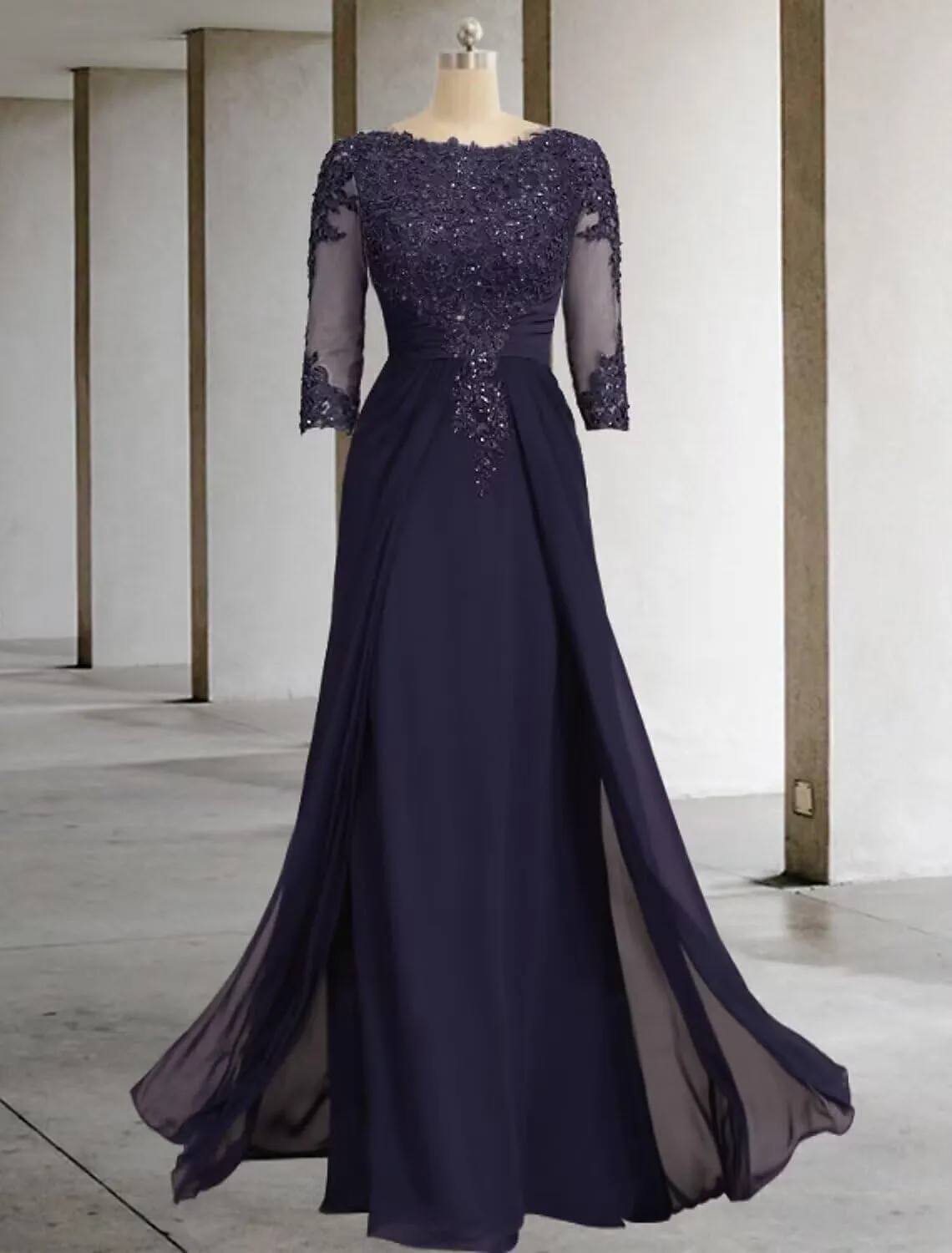 Sequin Mother of The Bride Dresses Long for Wedding 3/4 Sleeves Chiffon Formal Evening Party Gown DS002