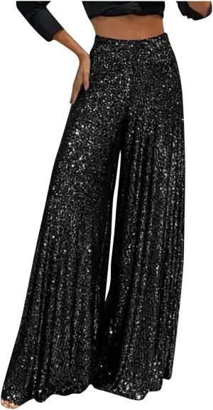 Sequin Pants for Women Wide Leg High Waist Back Zip Baggy Trousers Fashion Sparkle Flowy Party Night Out Clubwear