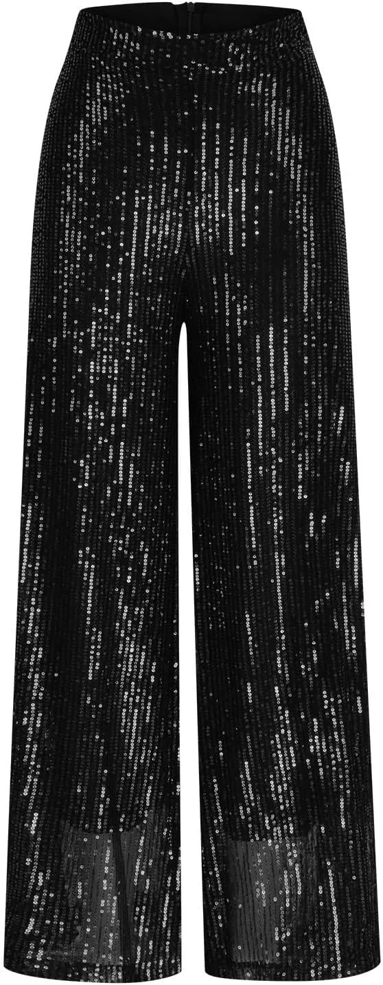 Sequin Pants for Women Wide Leg High Waist Back Zip Baggy Trousers Fashion Sparkle Flowy Party Night Out Clubwear