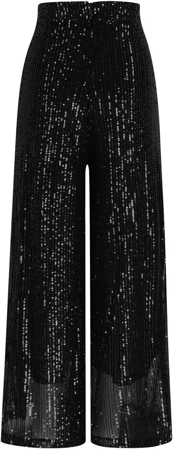 Sequin Pants for Women Wide Leg High Waist Back Zip Baggy Trousers Fashion Sparkle Flowy Party Night Out Clubwear
