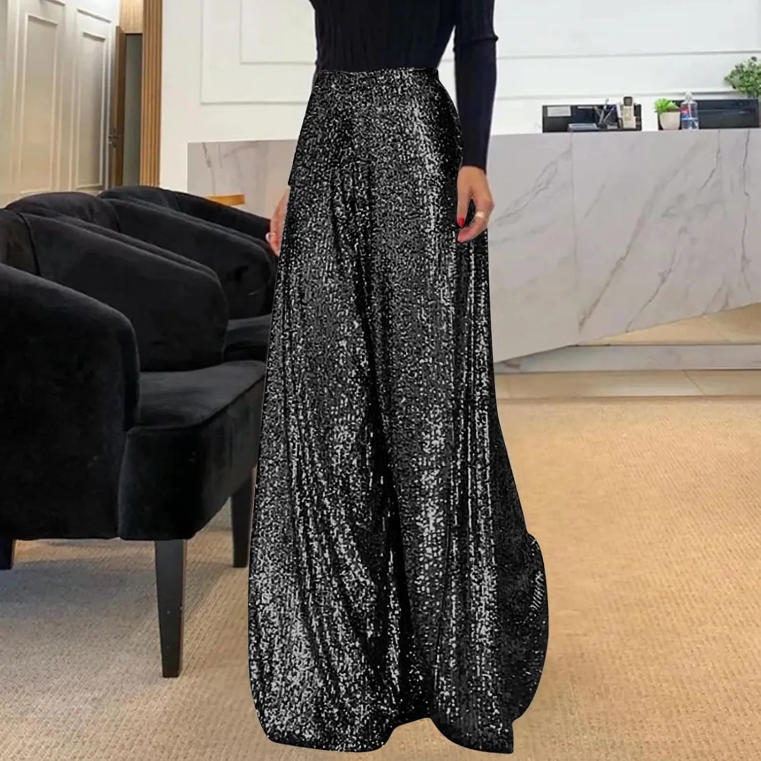 Sequin Pants for Women Wide Leg High Waist Back Zip Baggy Trousers Fashion Sparkle Flowy Party Night Out Clubwear