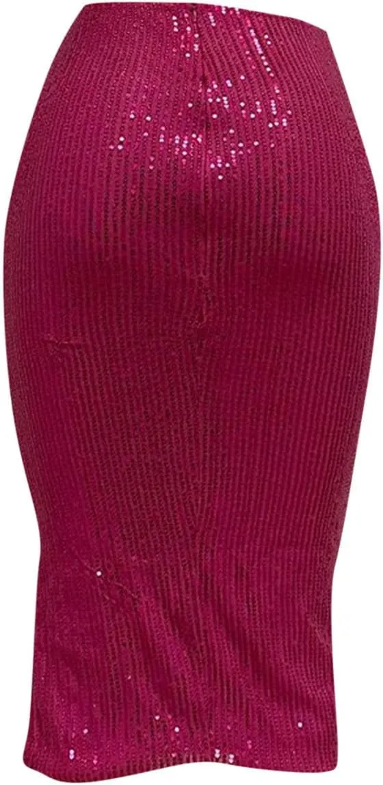 Sequin Skirts for Women Bodycon High Waist Slit Midi Skirt Cocktail Party Nightclub Sparkly Knee Length Skirt