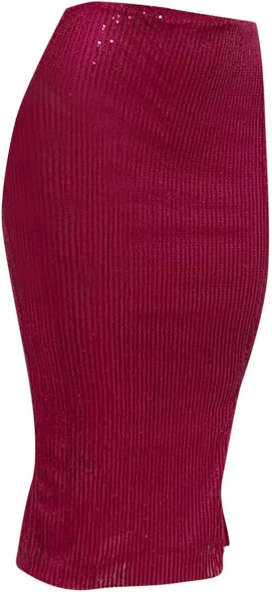 Sequin Skirts for Women Bodycon High Waist Slit Midi Skirt Cocktail Party Nightclub Sparkly Knee Length Skirt