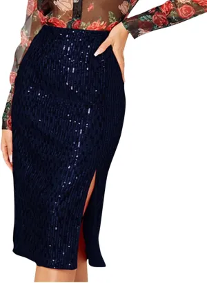Sequin Skirts for Women Bodycon High Waist Slit Midi Skirt Cocktail Party Nightclub Sparkly Knee Length Skirt