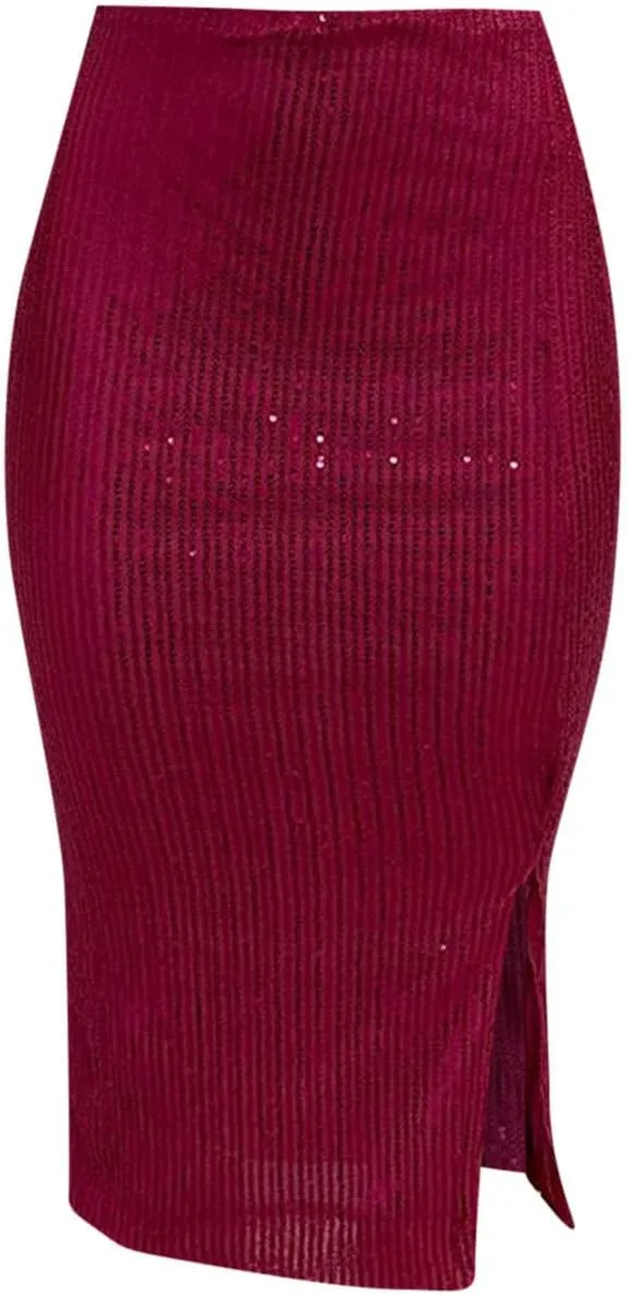 Sequin Skirts for Women Bodycon High Waist Slit Midi Skirt Cocktail Party Nightclub Sparkly Knee Length Skirt