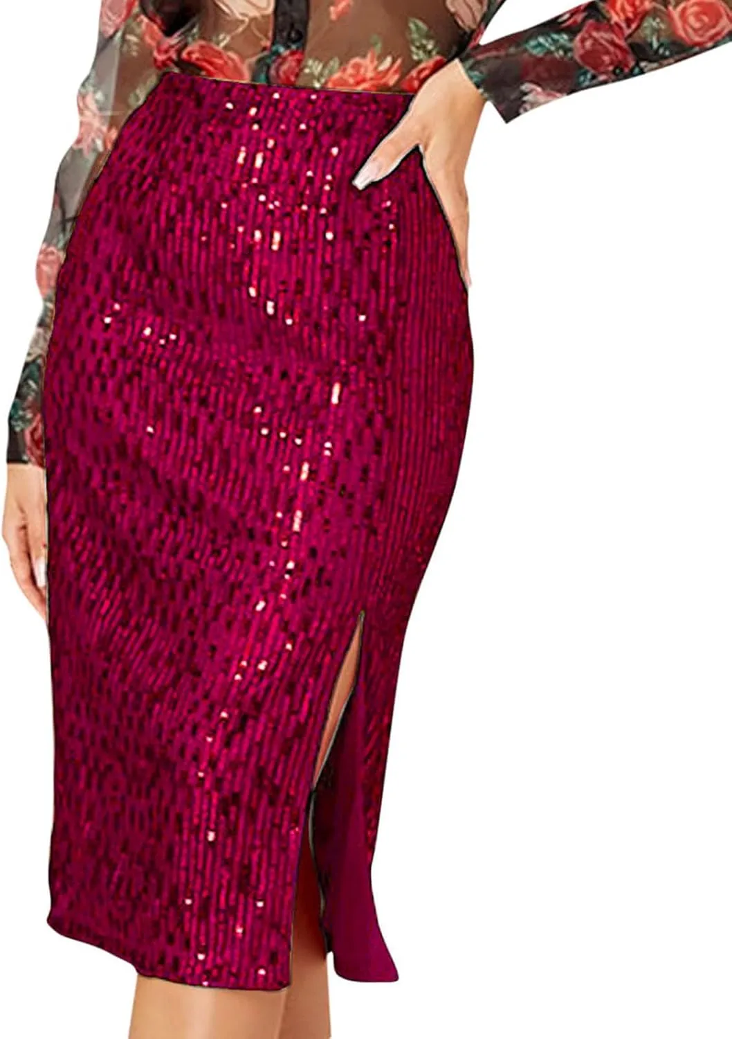 Sequin Skirts for Women Bodycon High Waist Slit Midi Skirt Cocktail Party Nightclub Sparkly Knee Length Skirt