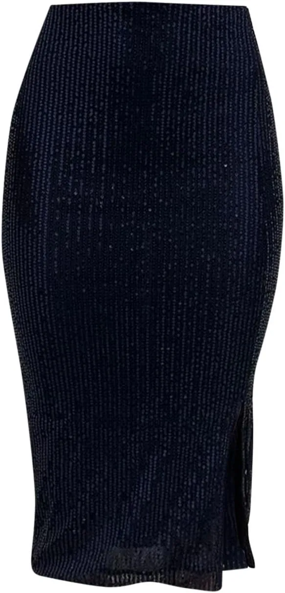 Sequin Skirts for Women Bodycon High Waist Slit Midi Skirt Cocktail Party Nightclub Sparkly Knee Length Skirt