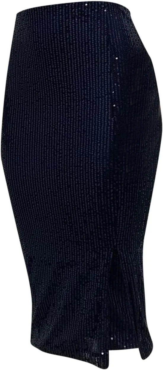 Sequin Skirts for Women Bodycon High Waist Slit Midi Skirt Cocktail Party Nightclub Sparkly Knee Length Skirt