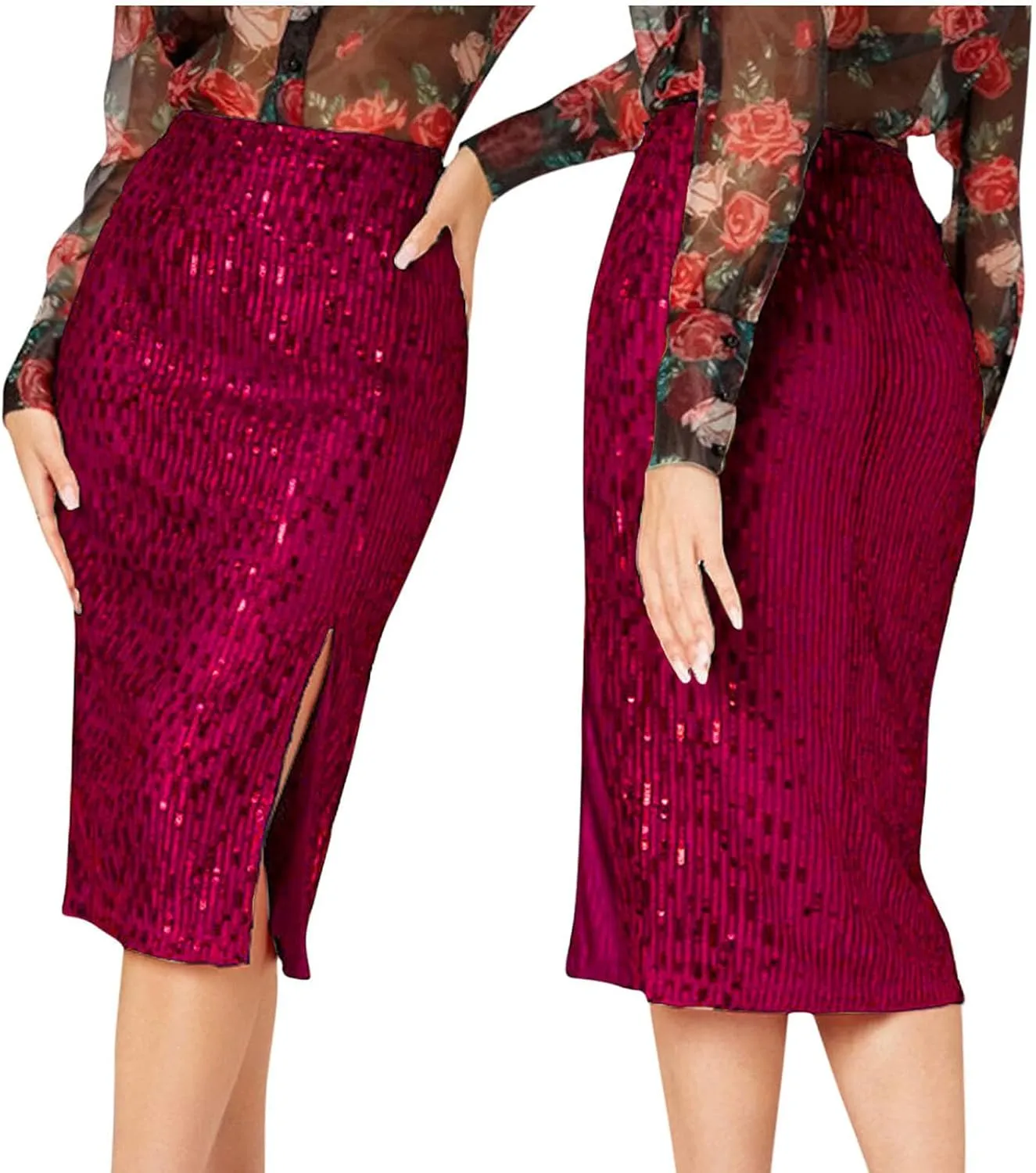 Sequin Skirts for Women Bodycon High Waist Slit Midi Skirt Cocktail Party Nightclub Sparkly Knee Length Skirt