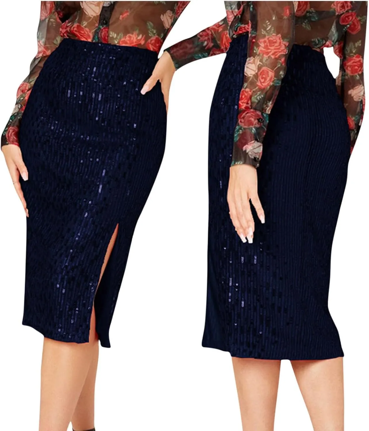Sequin Skirts for Women Bodycon High Waist Slit Midi Skirt Cocktail Party Nightclub Sparkly Knee Length Skirt