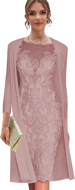 Sheath Lace Mother of The Groom Dress for Wedding 3/4 Long Sleeve Chiffon Outfit Dusty Rose Evening Dresses for Women Formal Size 16