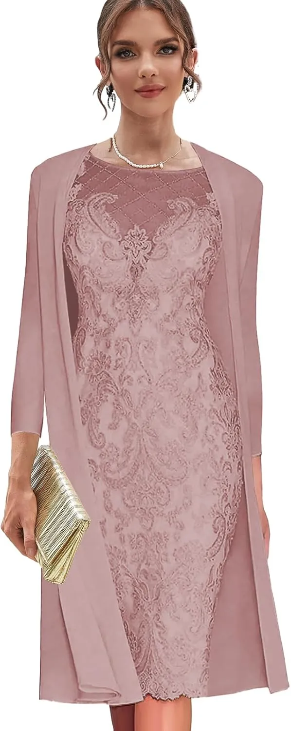 Sheath Lace Mother of The Groom Dress for Wedding 3/4 Long Sleeve Chiffon Outfit Dusty Rose Evening Dresses for Women Formal Size 16