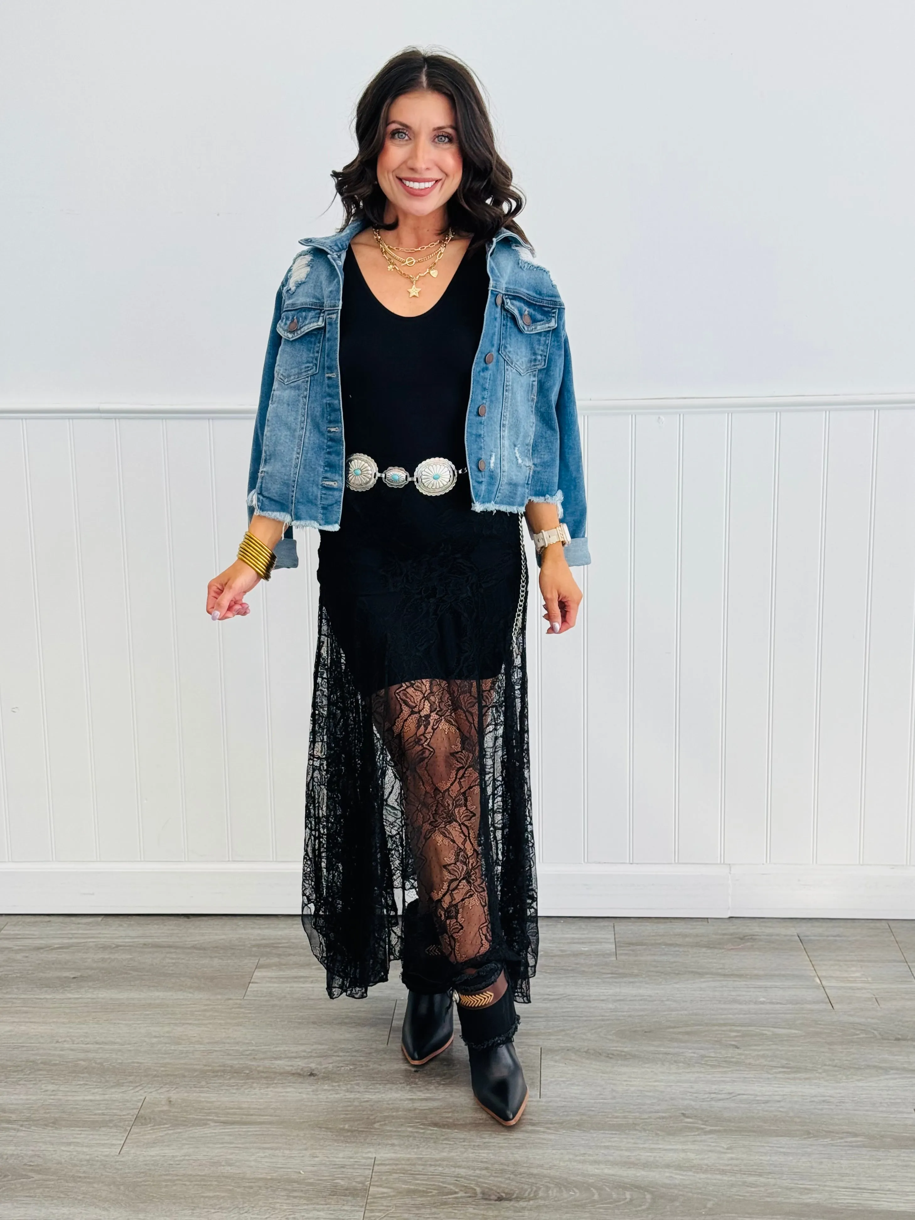 Sheer Black Lace Midi Skirt (Reg)