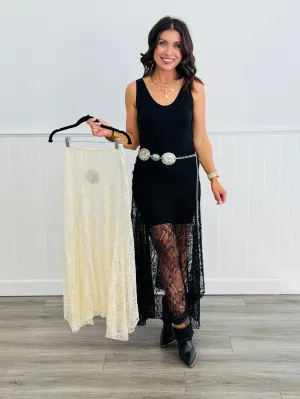 Sheer Black Lace Midi Skirt (Reg)
