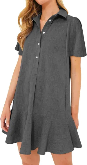 Shirt Dresses for Women Casual Short Sleeve Cotton Linen Mini Dresses Fashion V Neck Button Up Ruffle Hem Shift Dress