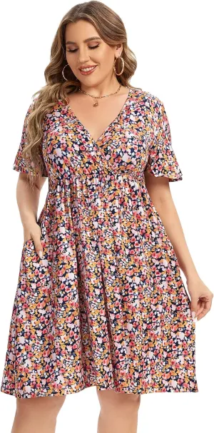 ShopWonder Plus Size Dress Women's V Neck A-Line Knee Length Wrap Swing Dresses Plus Size A Line Party Mini Dress