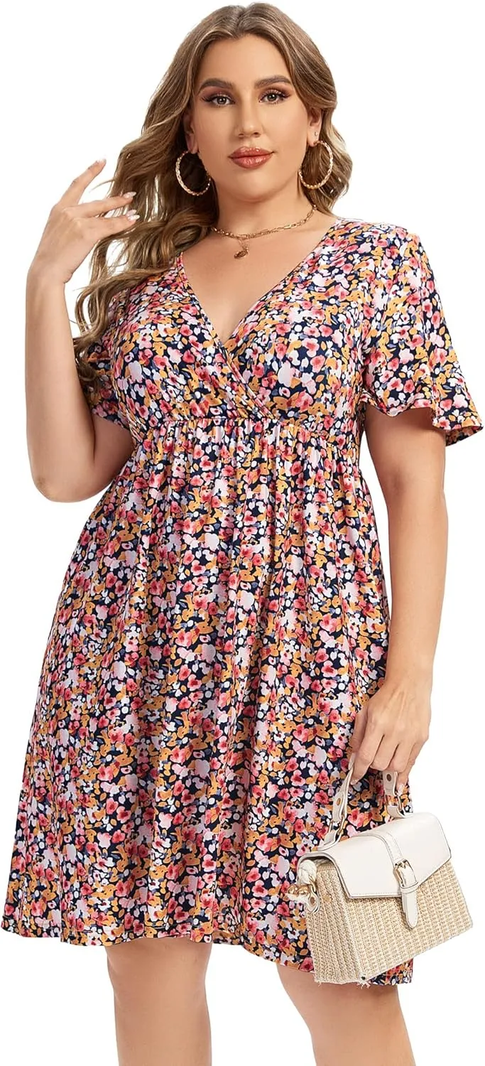 ShopWonder Plus Size Dress Women's V Neck A-Line Knee Length Wrap Swing Dresses Plus Size A Line Party Mini Dress
