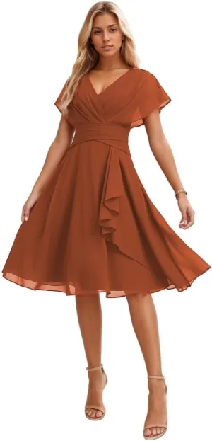 Short Bridesmaid Dresses with Sleeves V Neck Formal Wedding Guest Dress Chiffon Evening Gowns for Women