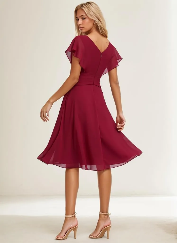 Short Bridesmaid Dresses with Sleeves V Neck Formal Wedding Guest Dress Chiffon Evening Gowns for Women