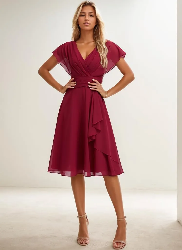 Short Bridesmaid Dresses with Sleeves V Neck Formal Wedding Guest Dress Chiffon Evening Gowns for Women