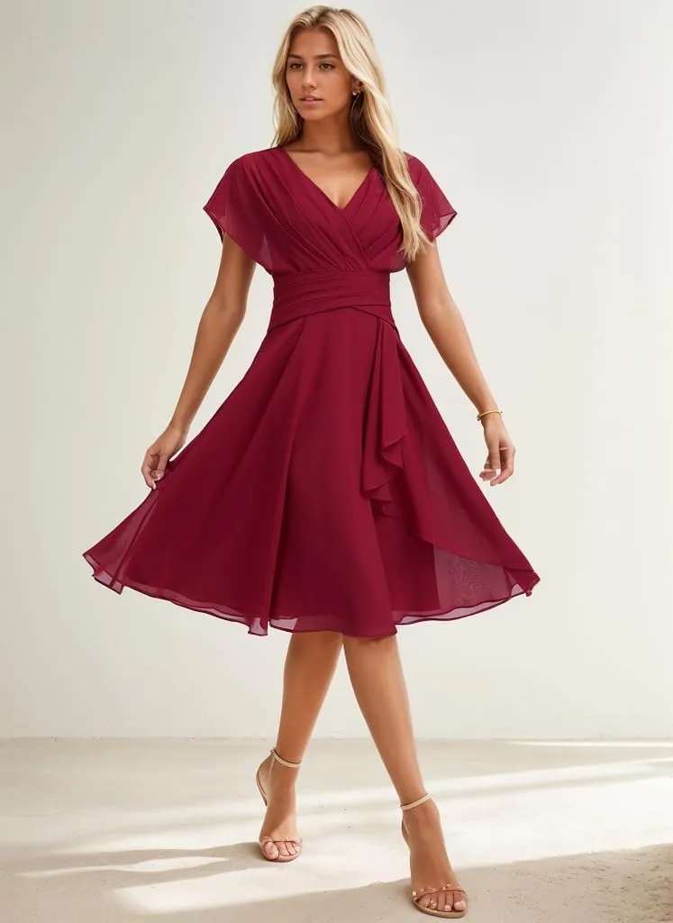 Short Bridesmaid Dresses with Sleeves V Neck Formal Wedding Guest Dress Chiffon Evening Gowns for Women