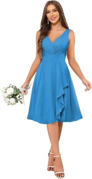 Short Ruffle Chiffon Bridesmaid Dresses for Women V Neck Formal Evening Gowns