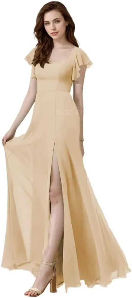 Short Sleeve Bridesmaid Dresses for Women Square Neck Long Chiffon Formal Evening Dress with Slit