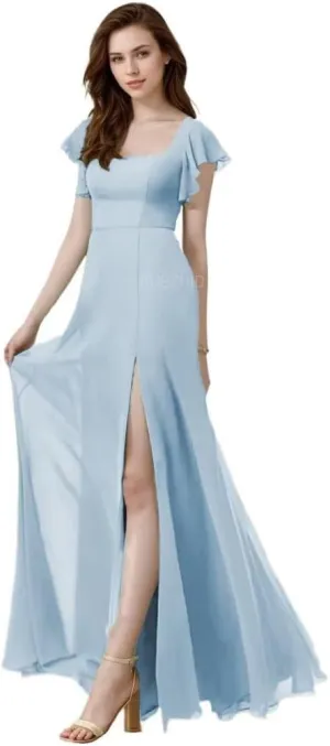 Short Sleeve Bridesmaid Dresses for Women Square Neck Long Chiffon Formal Evening Dress with Slit