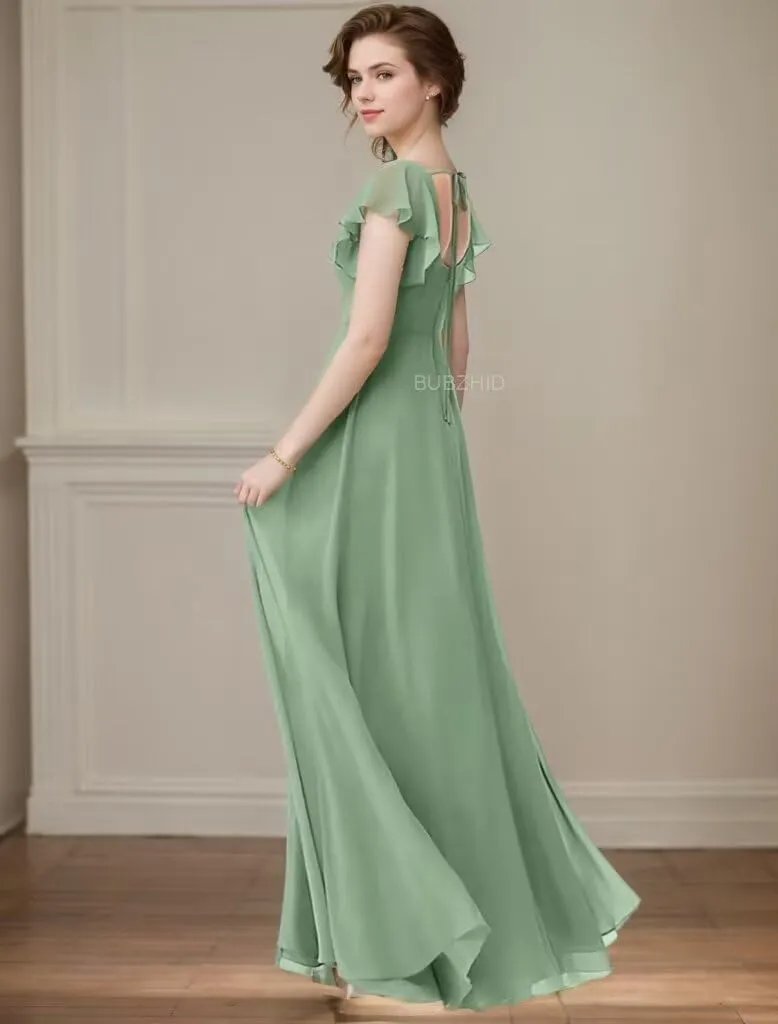 Short Sleeve Bridesmaid Dresses for Women Square Neck Long Chiffon Formal Evening Dress with Slit