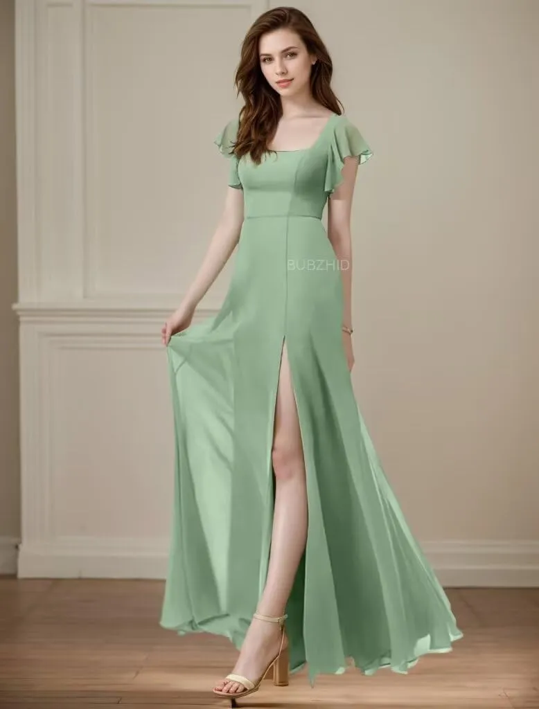 Short Sleeve Bridesmaid Dresses for Women Square Neck Long Chiffon Formal Evening Dress with Slit