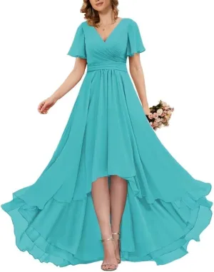 Short Sleeve Long Chiffon Bridesmaid Dresses for Women High Low Wedding Guest Formal Dresses 2024