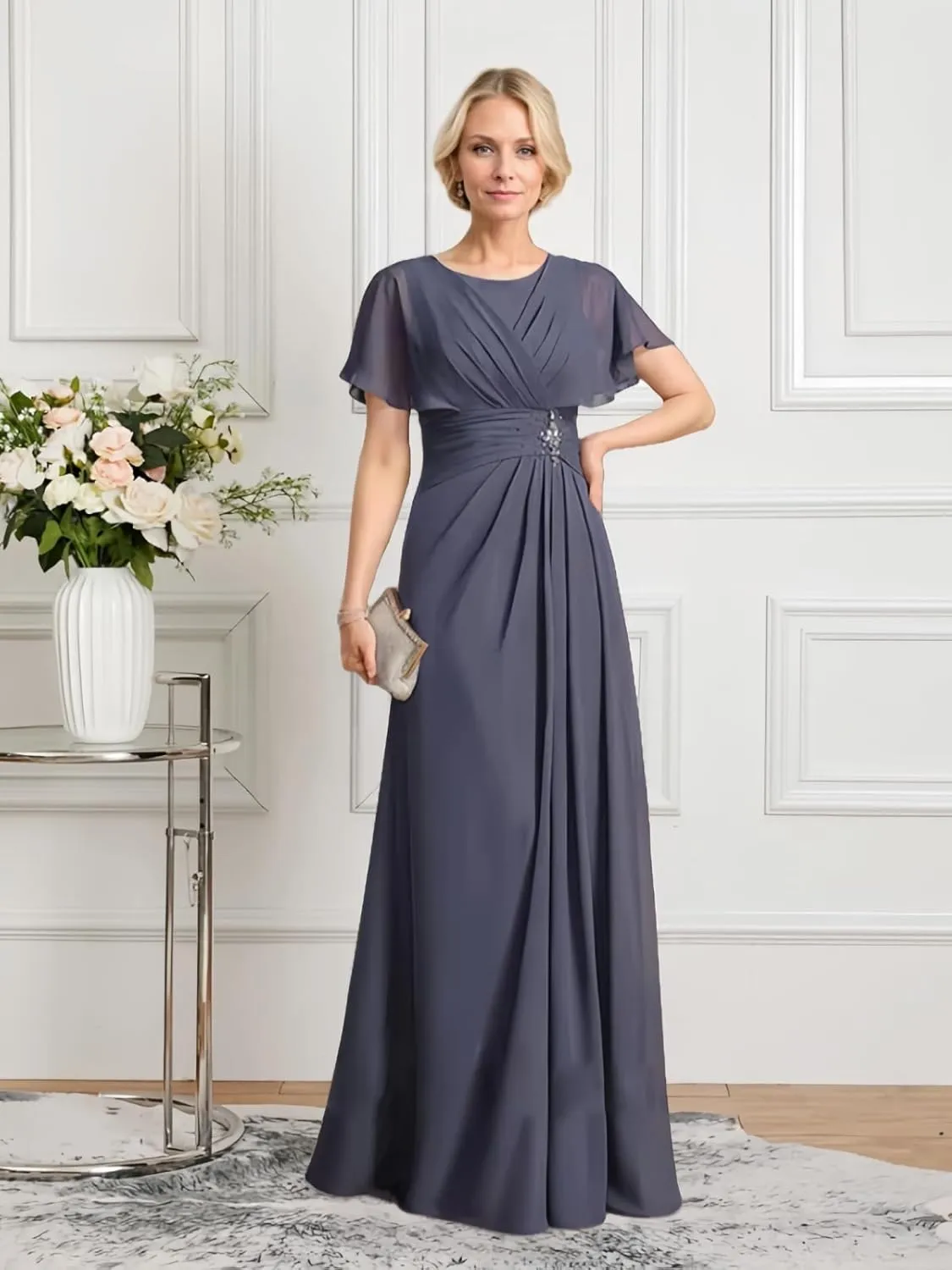 Short Sleeve Mother of The Bride Dresses Long Chiffon Beaded Formal Dress Scoop Neck Wedding Guest Dresses for Women