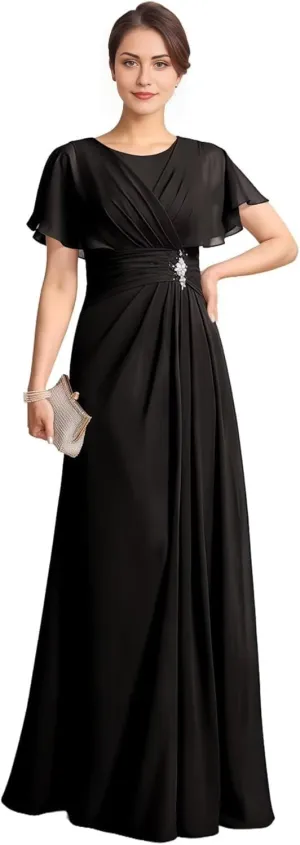 Short Sleeve Mother of The Bride Dresses Long Chiffon Beaded Formal Dress Scoop Neck Wedding Guest Dresses for Women