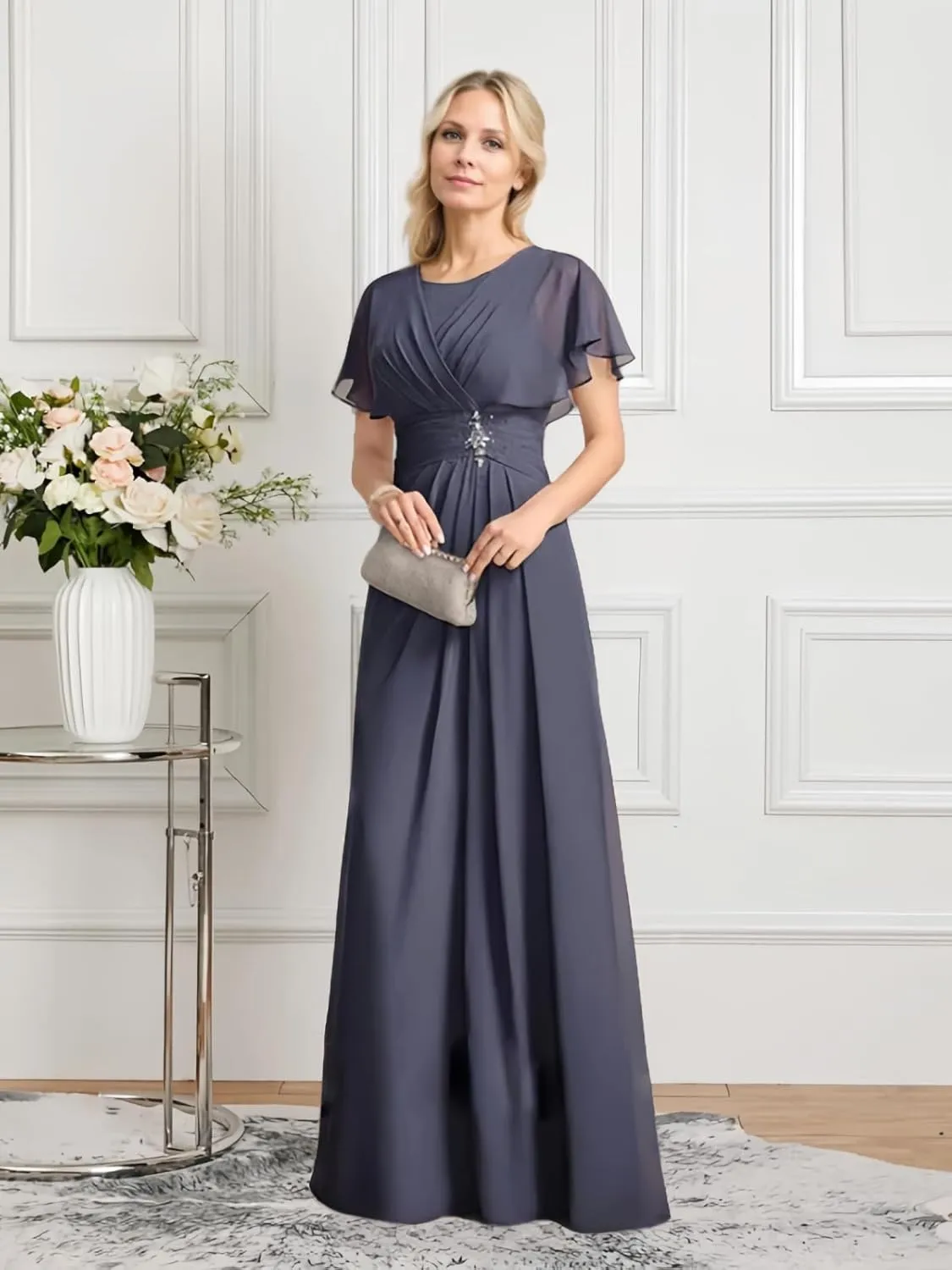 Short Sleeve Mother of The Bride Dresses Long Chiffon Beaded Formal Dress Scoop Neck Wedding Guest Dresses for Women
