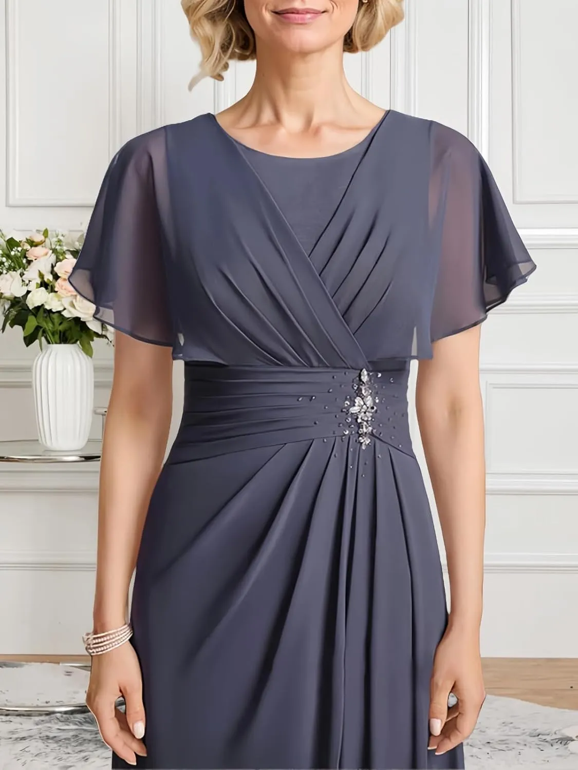 Short Sleeve Mother of The Bride Dresses Long Chiffon Beaded Formal Dress Scoop Neck Wedding Guest Dresses for Women
