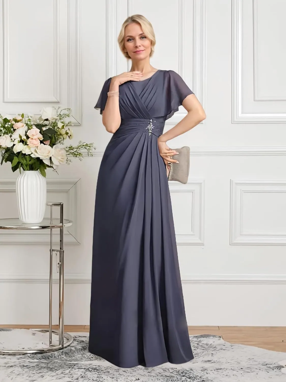 Short Sleeve Mother of The Bride Dresses Long Chiffon Beaded Formal Dress Scoop Neck Wedding Guest Dresses for Women