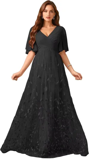 Short Sleeves Mother of The Bride Dresses for Wedding Long Chiffon V Neck Leaf Formal Evening Gowns