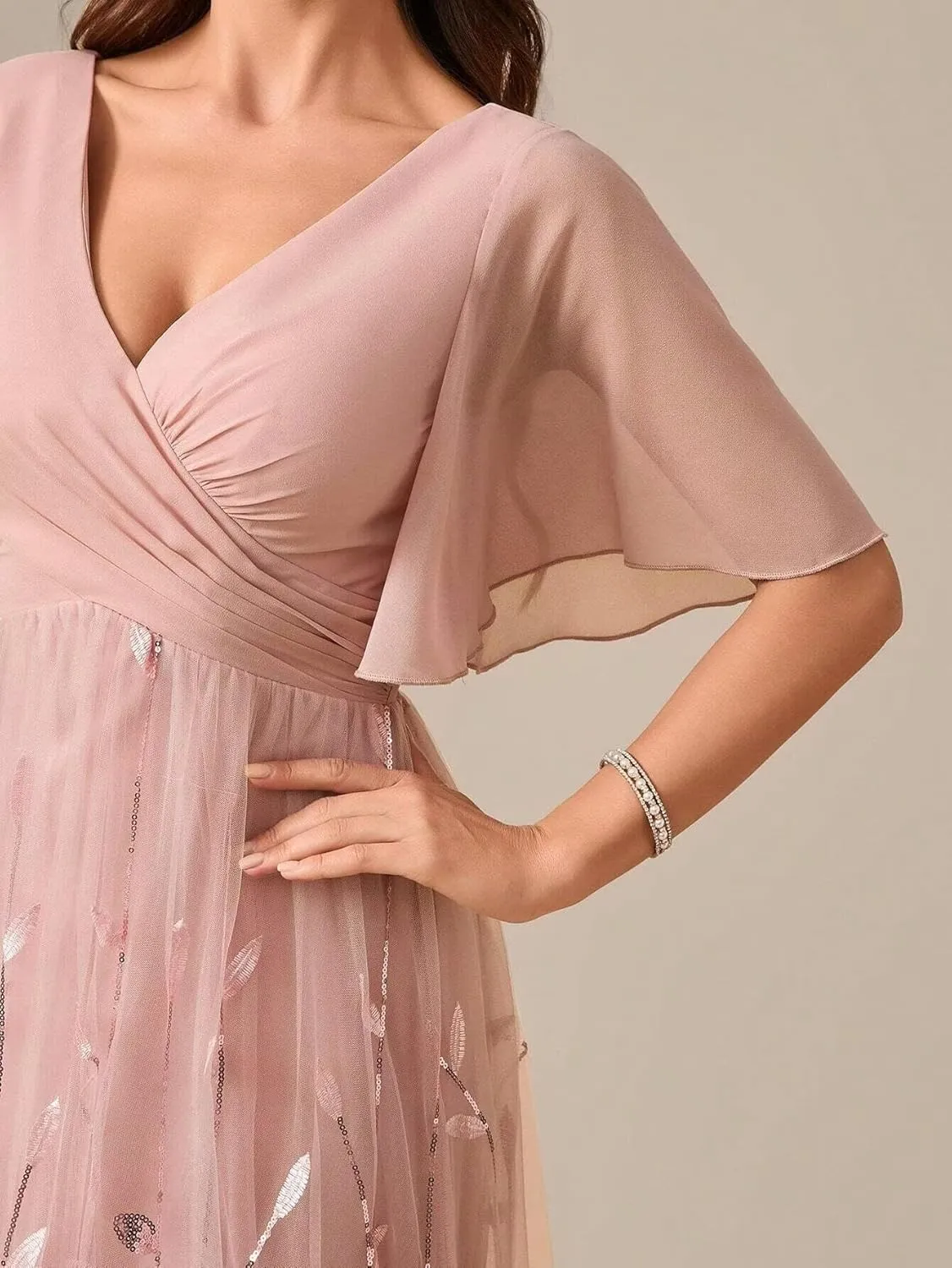 Short Sleeves Mother of The Bride Dresses for Wedding Long Chiffon V Neck Leaf Formal Evening Gowns