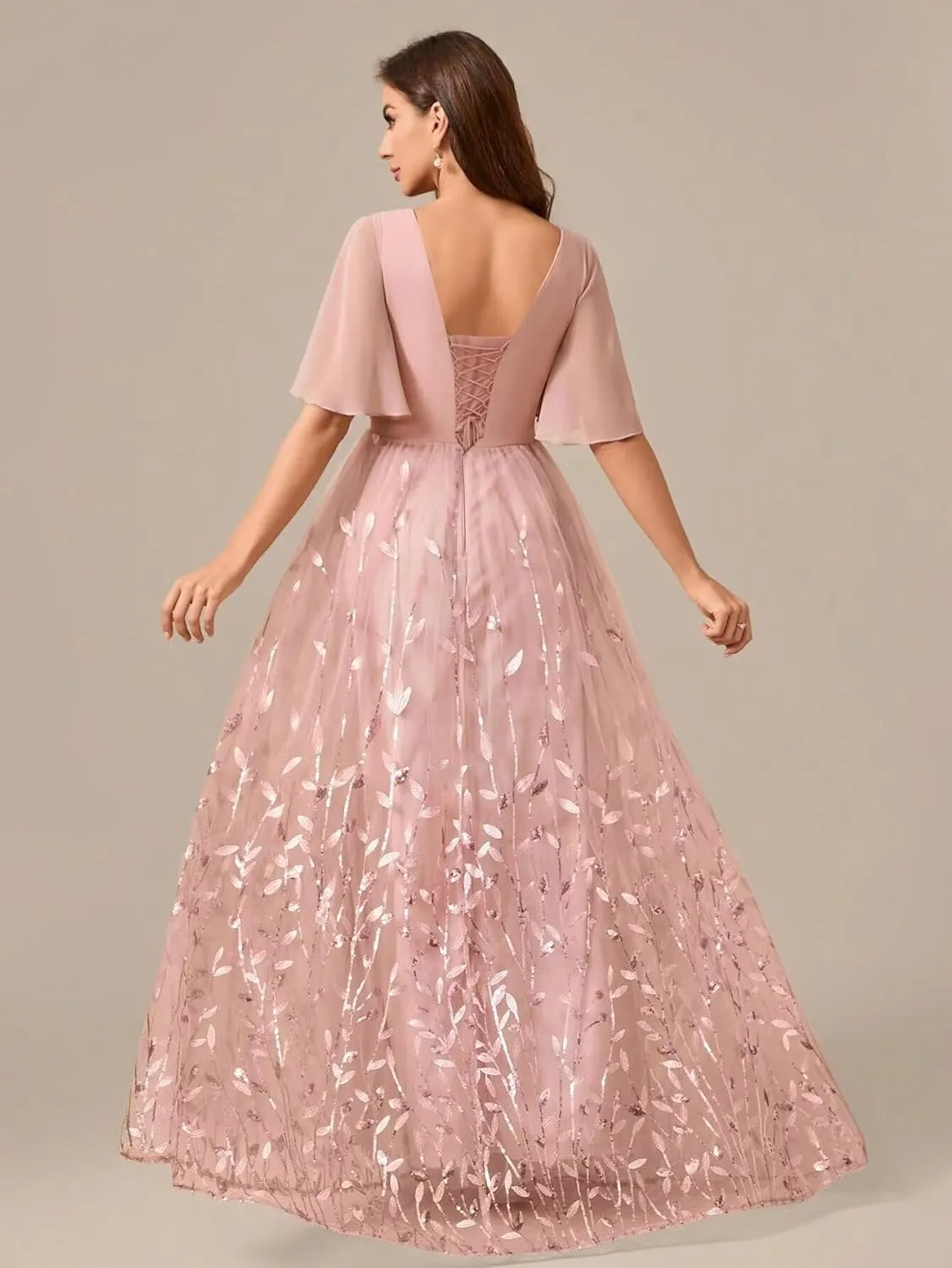 Short Sleeves Mother of The Bride Dresses for Wedding Long Chiffon V Neck Leaf Formal Evening Gowns