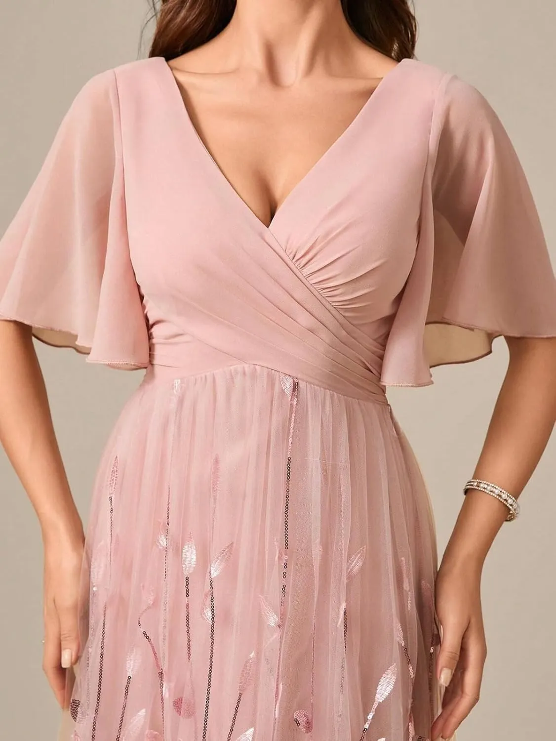 Short Sleeves Mother of The Bride Dresses for Wedding Long Chiffon V Neck Leaf Formal Evening Gowns