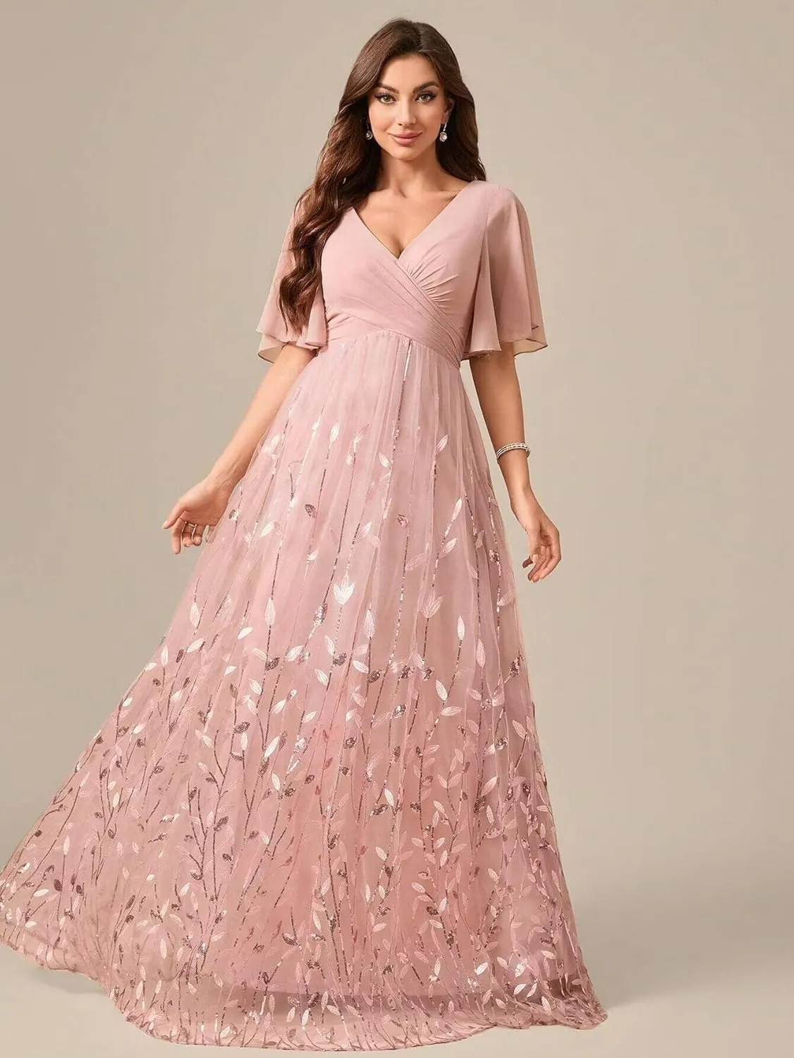 Short Sleeves Mother of The Bride Dresses for Wedding Long Chiffon V Neck Leaf Formal Evening Gowns