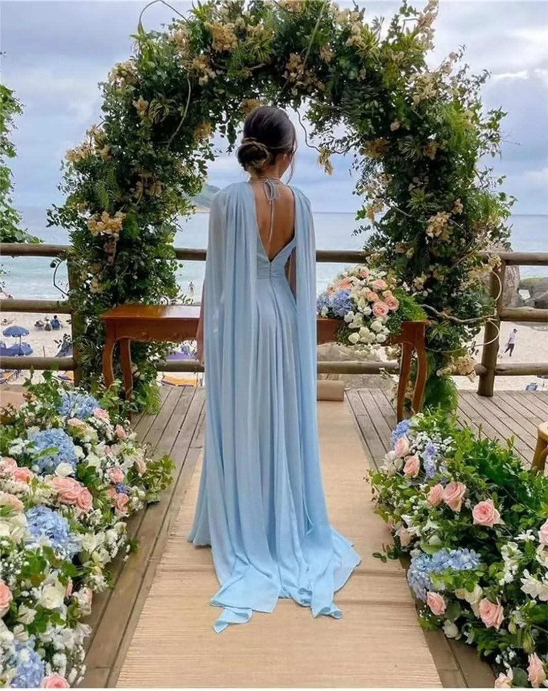 SIPUHK Cape Sleeve Bridesmaid Dresses for Women Pleated Chiffon Prom Dress Long Formal Evening Gown for Wedding Guest