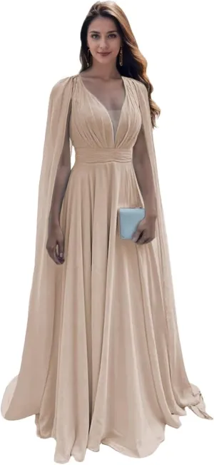 SIPUHK Cape Sleeve Bridesmaid Dresses for Women Pleated Chiffon Prom Dress Long Formal Evening Gown for Wedding Guest
