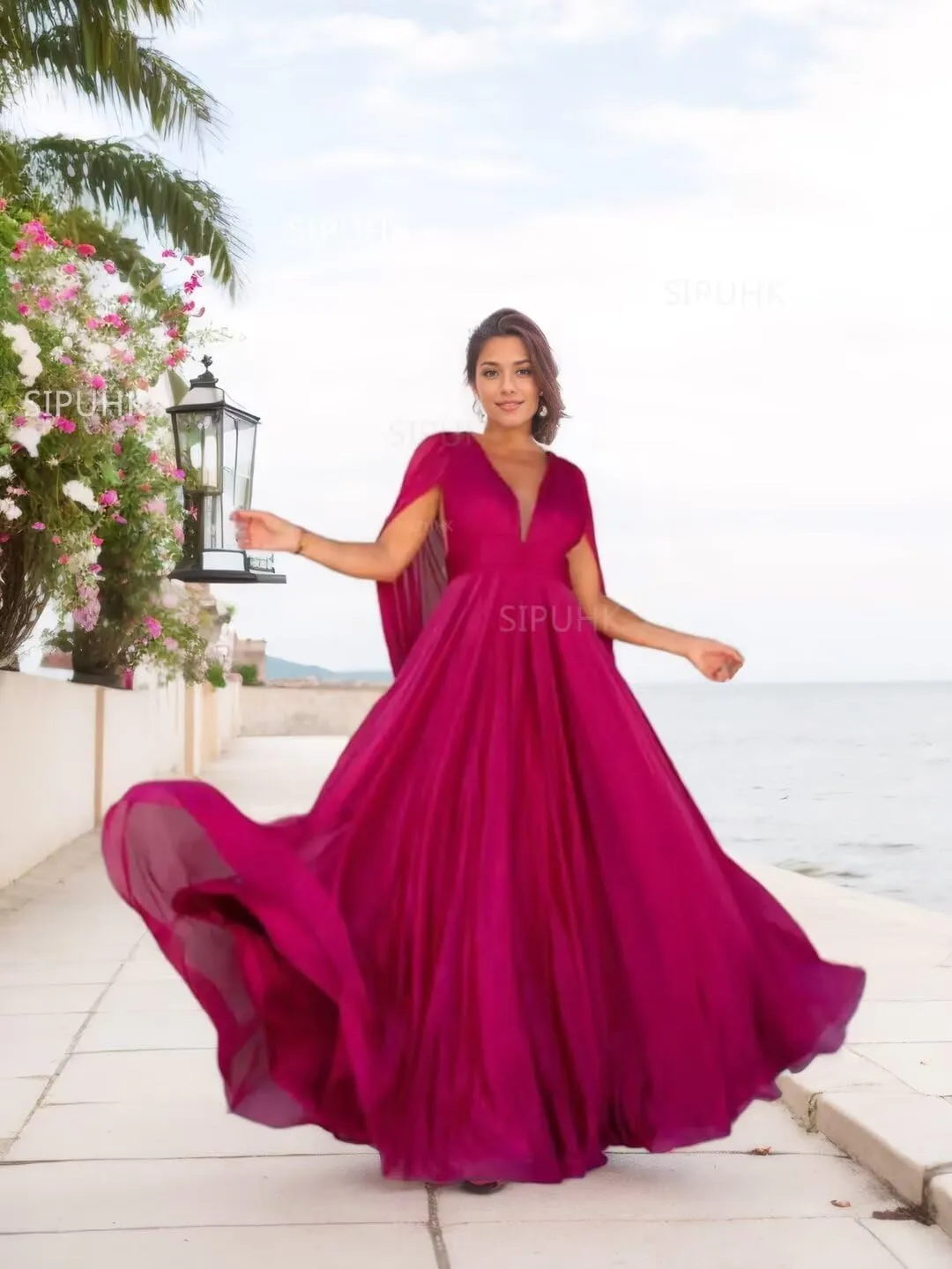 SIPUHK Cape Sleeve Bridesmaid Dresses for Women Pleated Chiffon Prom Dress Long Formal Evening Gown for Wedding Guest