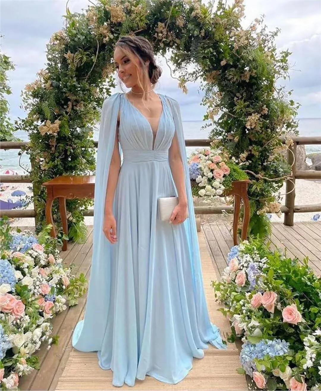SIPUHK Cape Sleeve Bridesmaid Dresses for Women Pleated Chiffon Prom Dress Long Formal Evening Gown for Wedding Guest