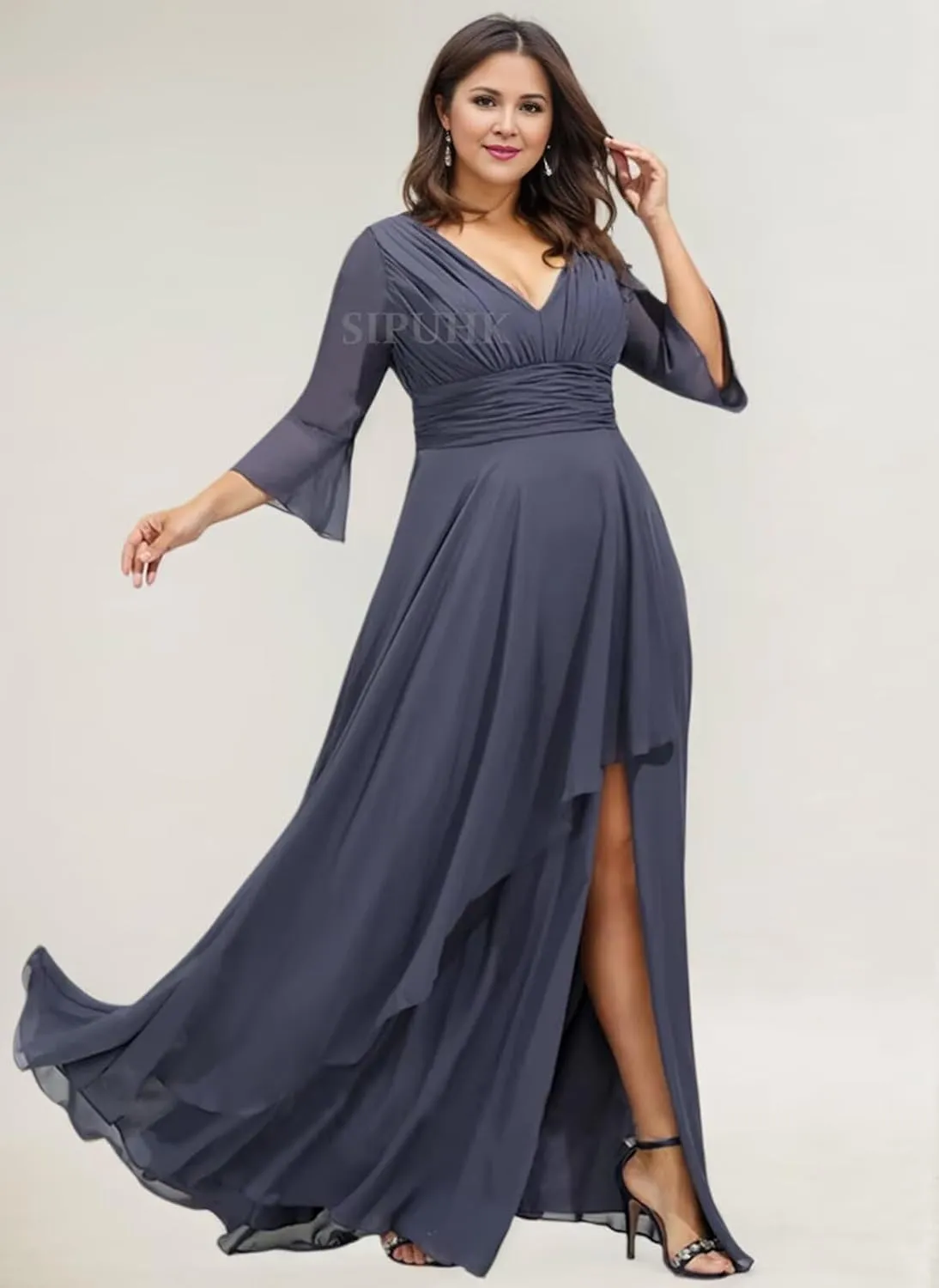 SIPUHK Elegant Mother of The Bride Dresses for Women 3/4 Sleeve Formal Dress with Slit Chiffon Bridesmaid Dress for Wedding