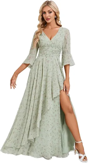 SIPUHK Elegant Mother of The Bride Dresses for Women 3/4 Sleeve Formal Dress with Slit Chiffon Bridesmaid Dress for Wedding