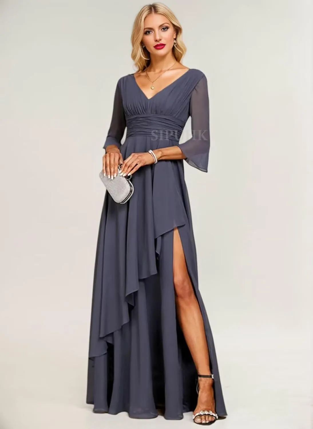 SIPUHK Elegant Mother of The Bride Dresses for Women 3/4 Sleeve Formal Dress with Slit Chiffon Bridesmaid Dress for Wedding