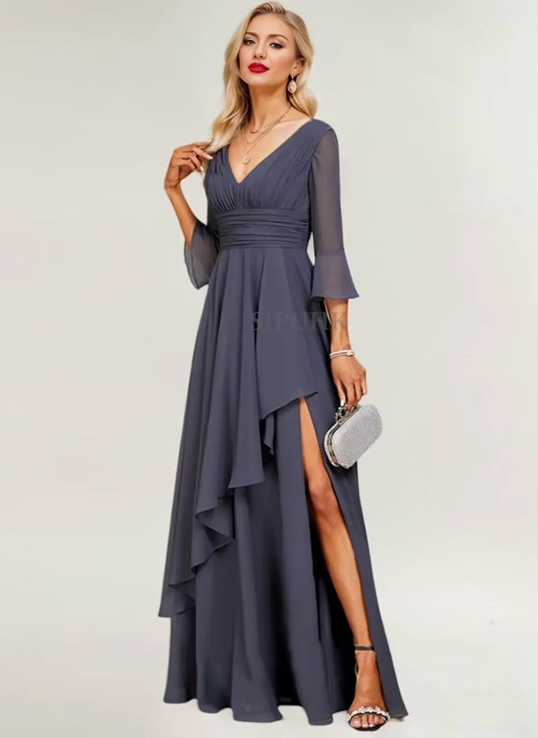 SIPUHK Elegant Mother of The Bride Dresses for Women 3/4 Sleeve Formal Dress with Slit Chiffon Bridesmaid Dress for Wedding