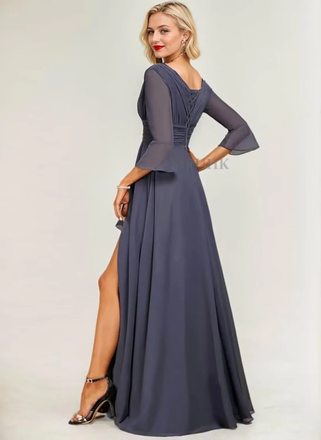 SIPUHK Elegant Mother of The Bride Dresses for Women 3/4 Sleeve Formal Dress with Slit Chiffon Bridesmaid Dress for Wedding